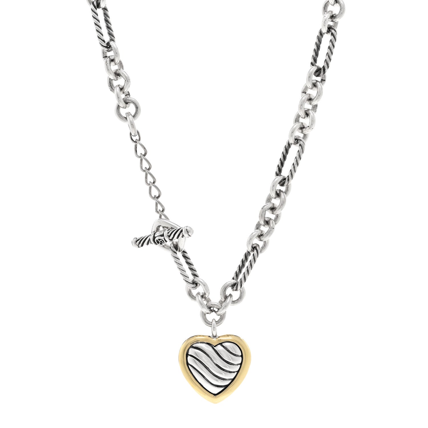 David Yurman Sterling Silver 18K Yellow Gold Cable Heart Figaro Necklace 1 of 5