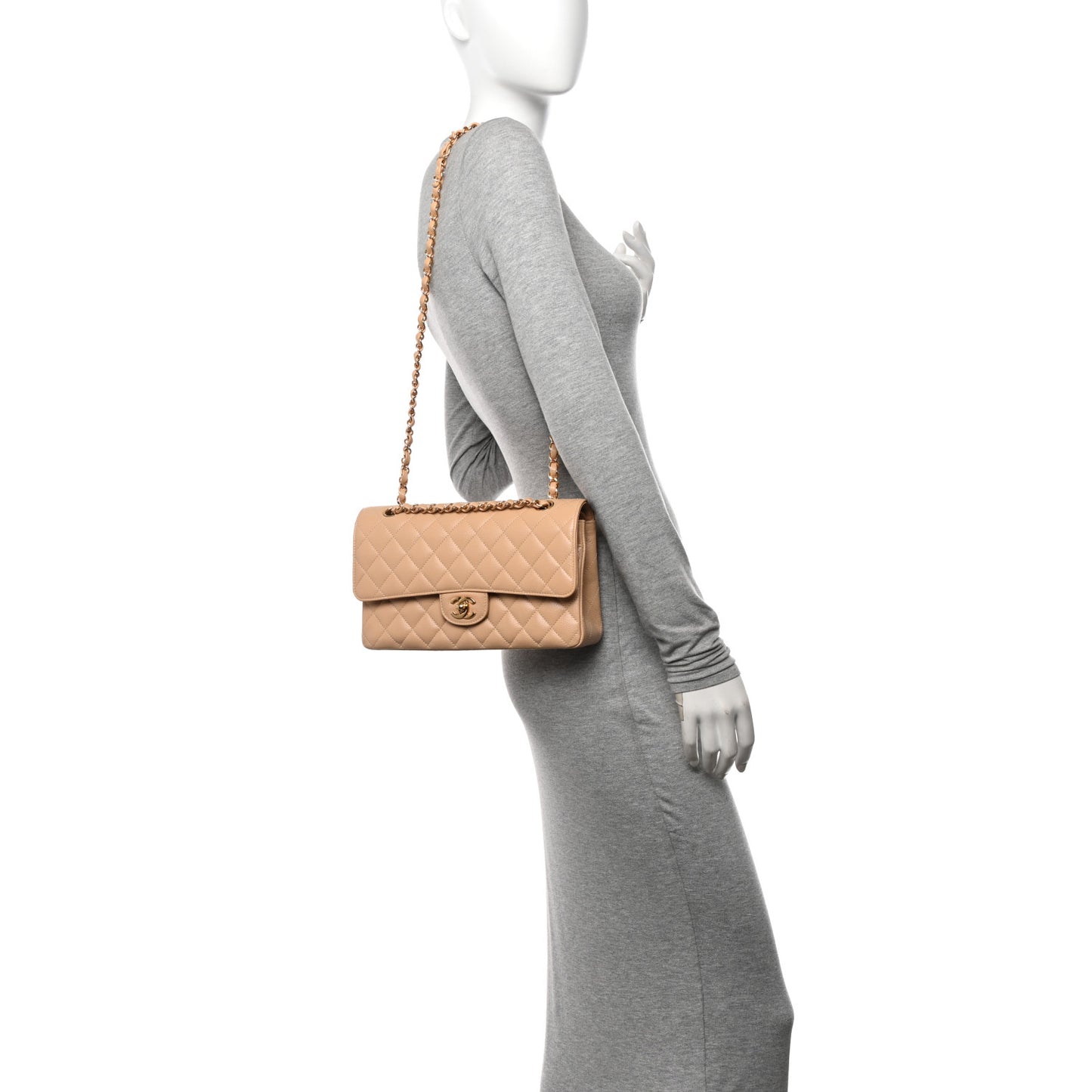 Caviar Quilted Medium Double Flap Beige