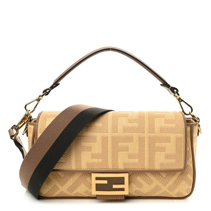 Fendi Raffia Vitello King Lucido FF Embroidered Baguette Grano Sand 1 of 10