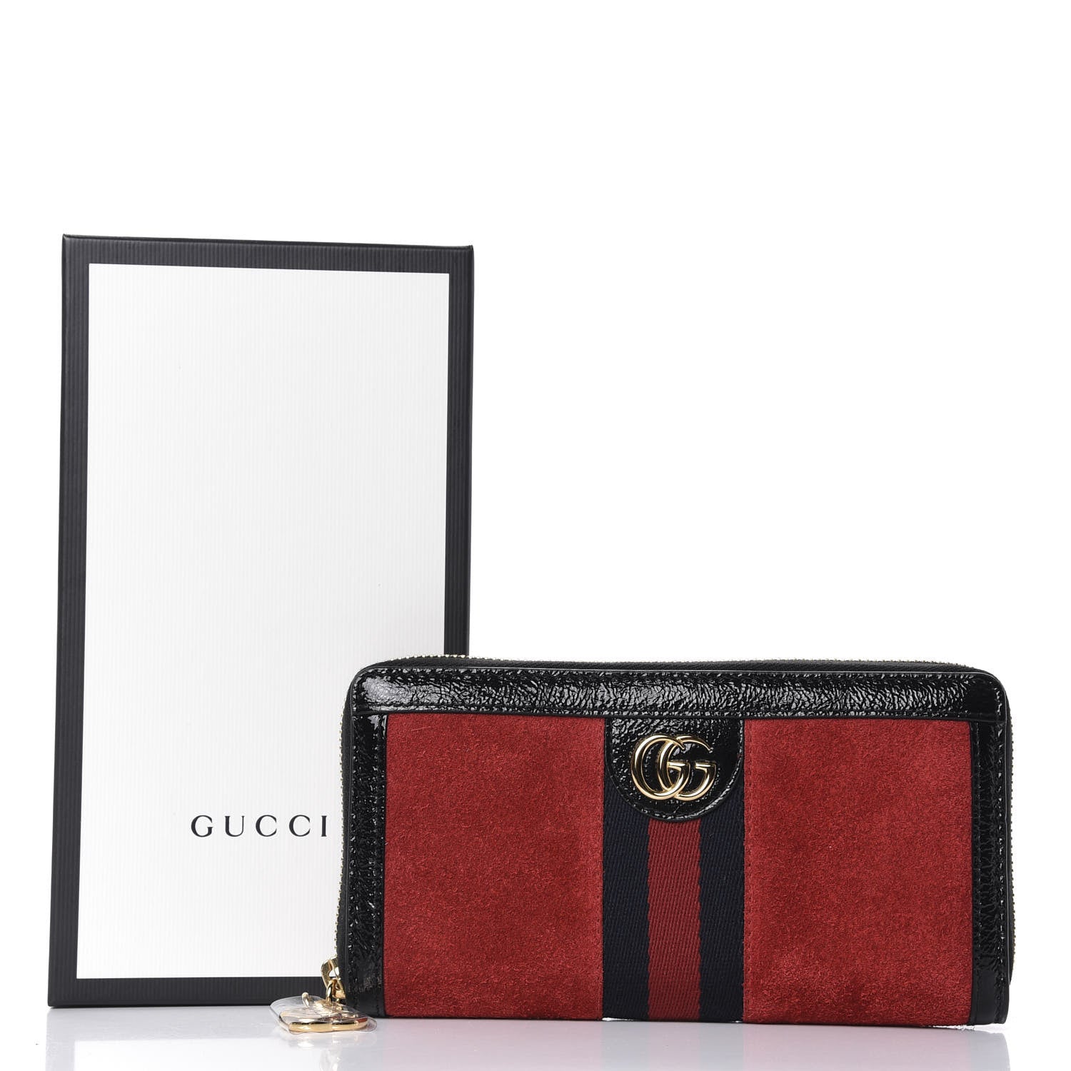 Gucci Suede Patent Web Ophidia Zip Around Wallet Hibiscus Red Black 6 of 6