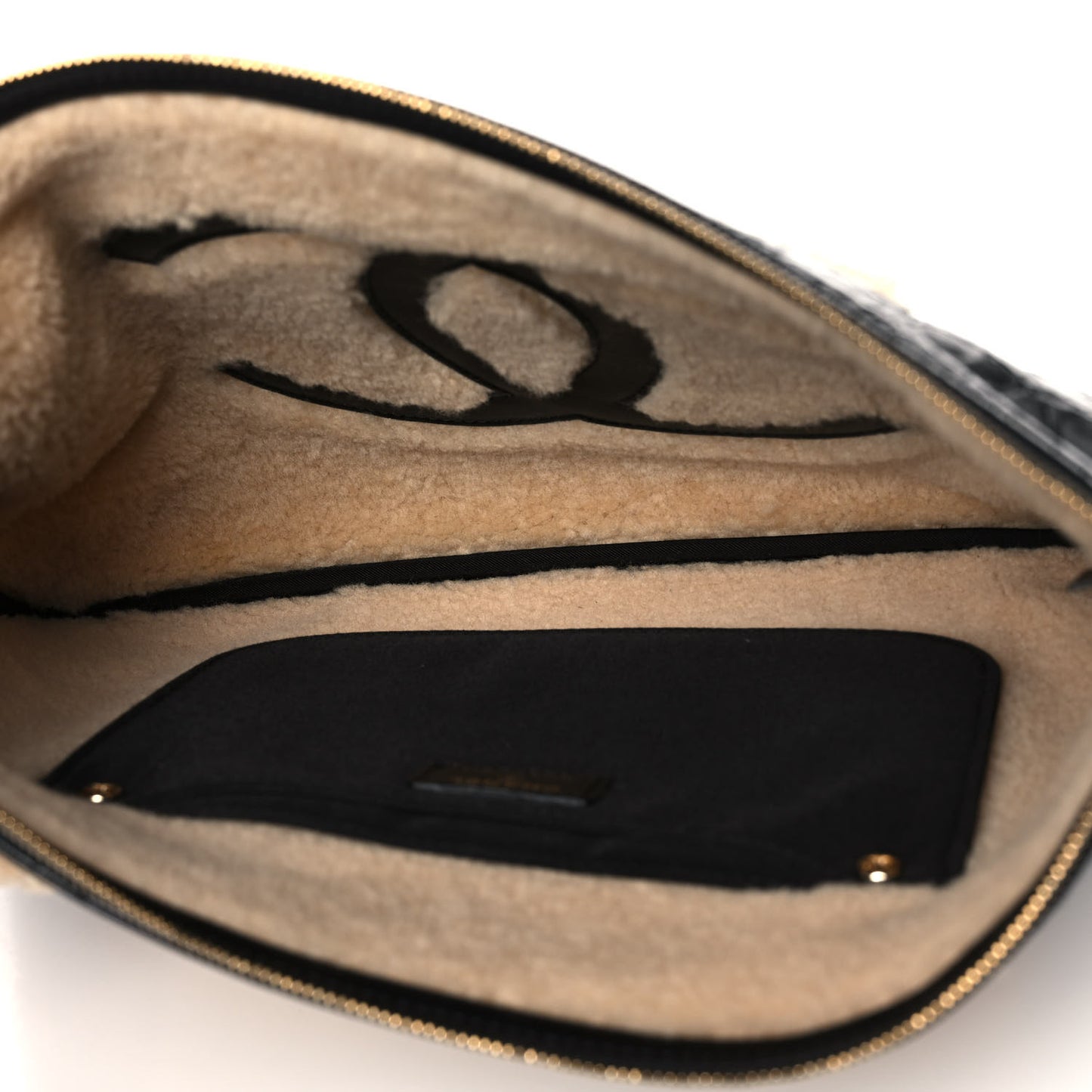 Shiny Crumpled Sheepskin Shearling CC Mania Zip Pouch Black Beige