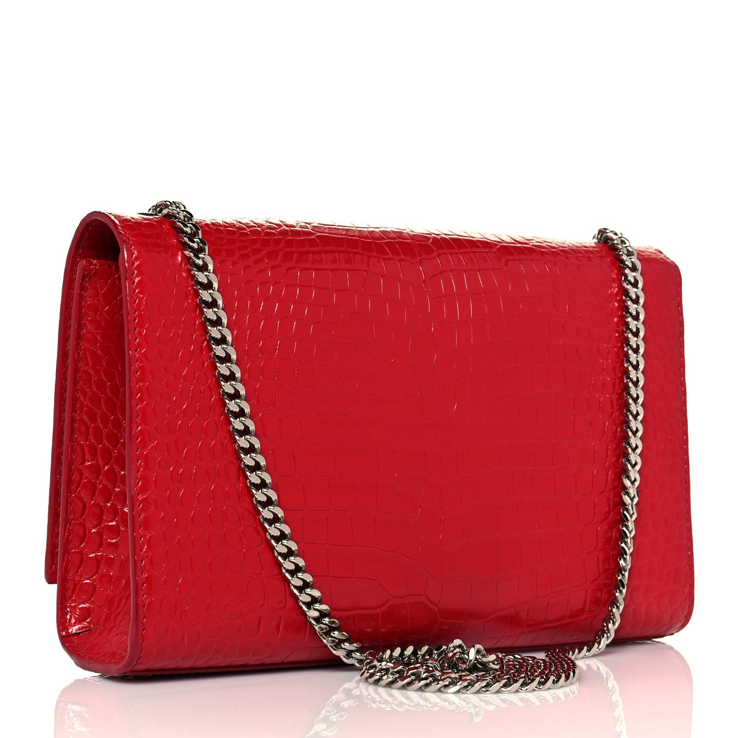 Calfskin Crocodile Embossed Medium Classic Monogram Kate Tassel Satchel Red