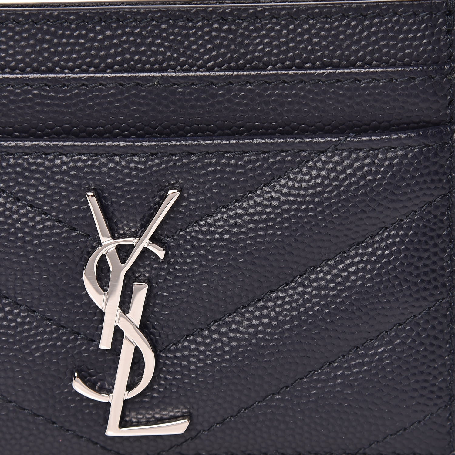 Saint Laurent Grain De Poudre Matelasse Monogram Chevron Credit Card Case Deep Marine 8 of 8