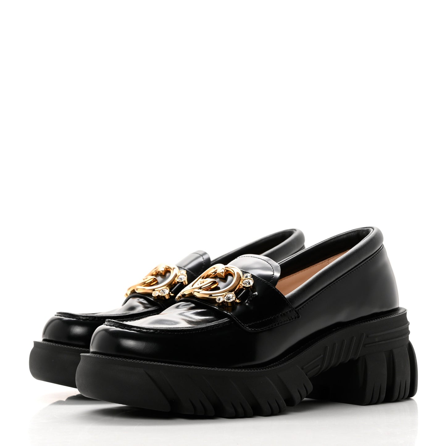 Magnum Calfskin Nappa Crystal Womens Interlocking G Platform Chunky Lug Sole 40mm Loafers 38.5 Black