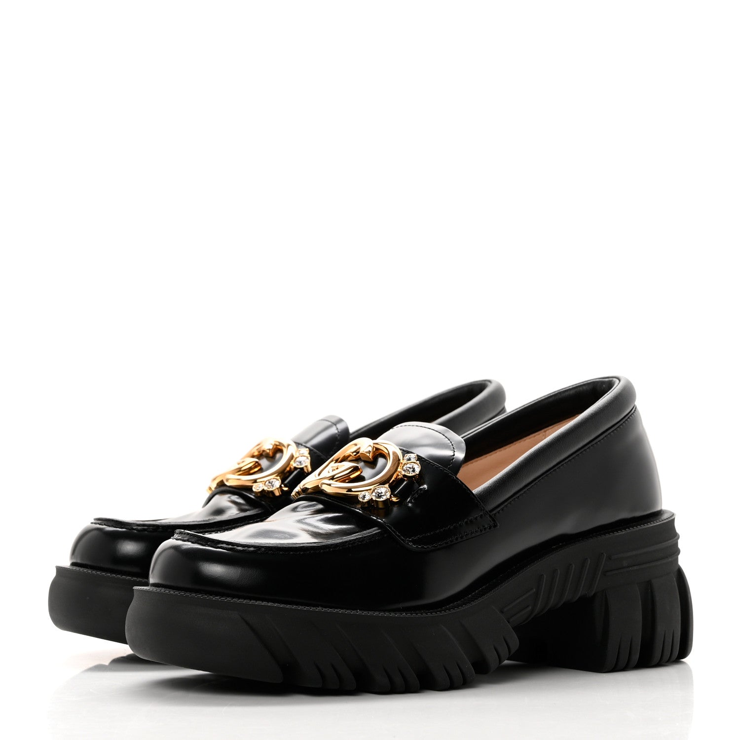 Gucci Magnum Calfskin Nappa Crystal Womens Interlocking G Platform Chunky Lug Sole 40mm Loafers 38.5 Black 3 of 9