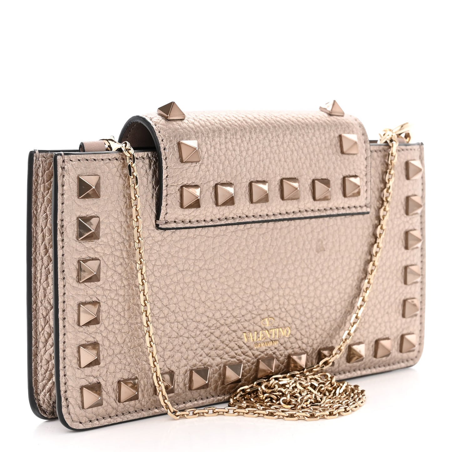 Metallic Pebbled Calfskin Rockstud Phone Case With Chain Sasso