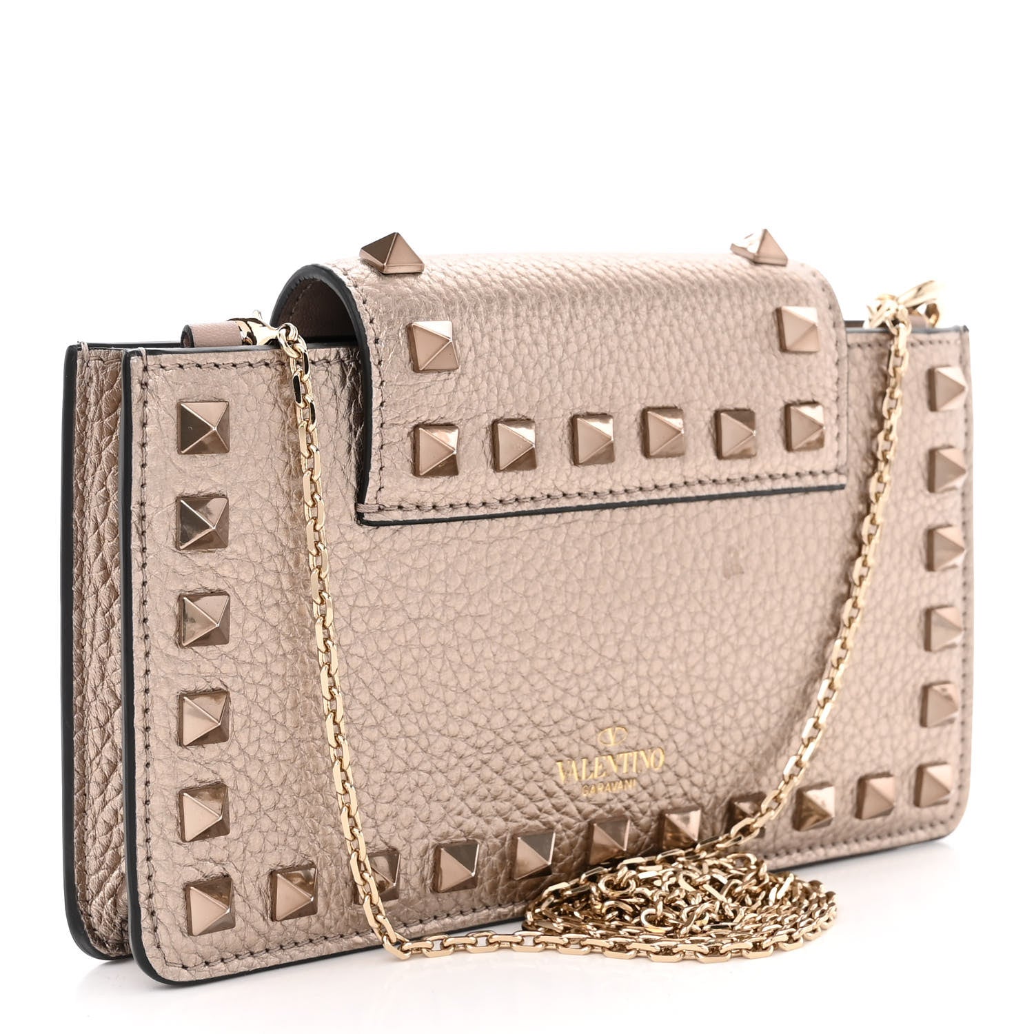 Valentino Garavani Metallic Pebbled Calfskin Rockstud Phone Case With Chain Sasso 3 of 11