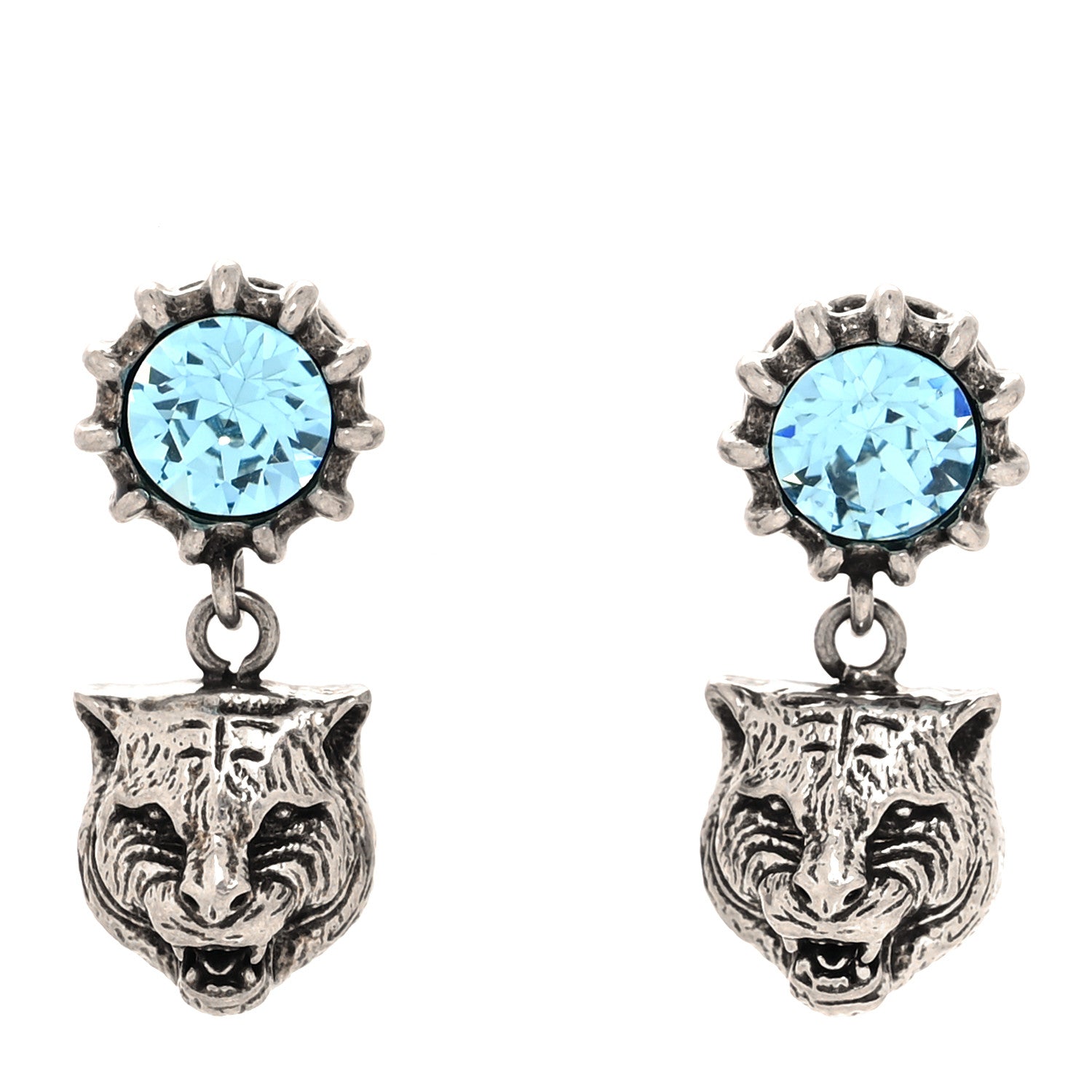 Gucci Metal Crystal Feline Earrings Aged Silver Blue 1 of 4