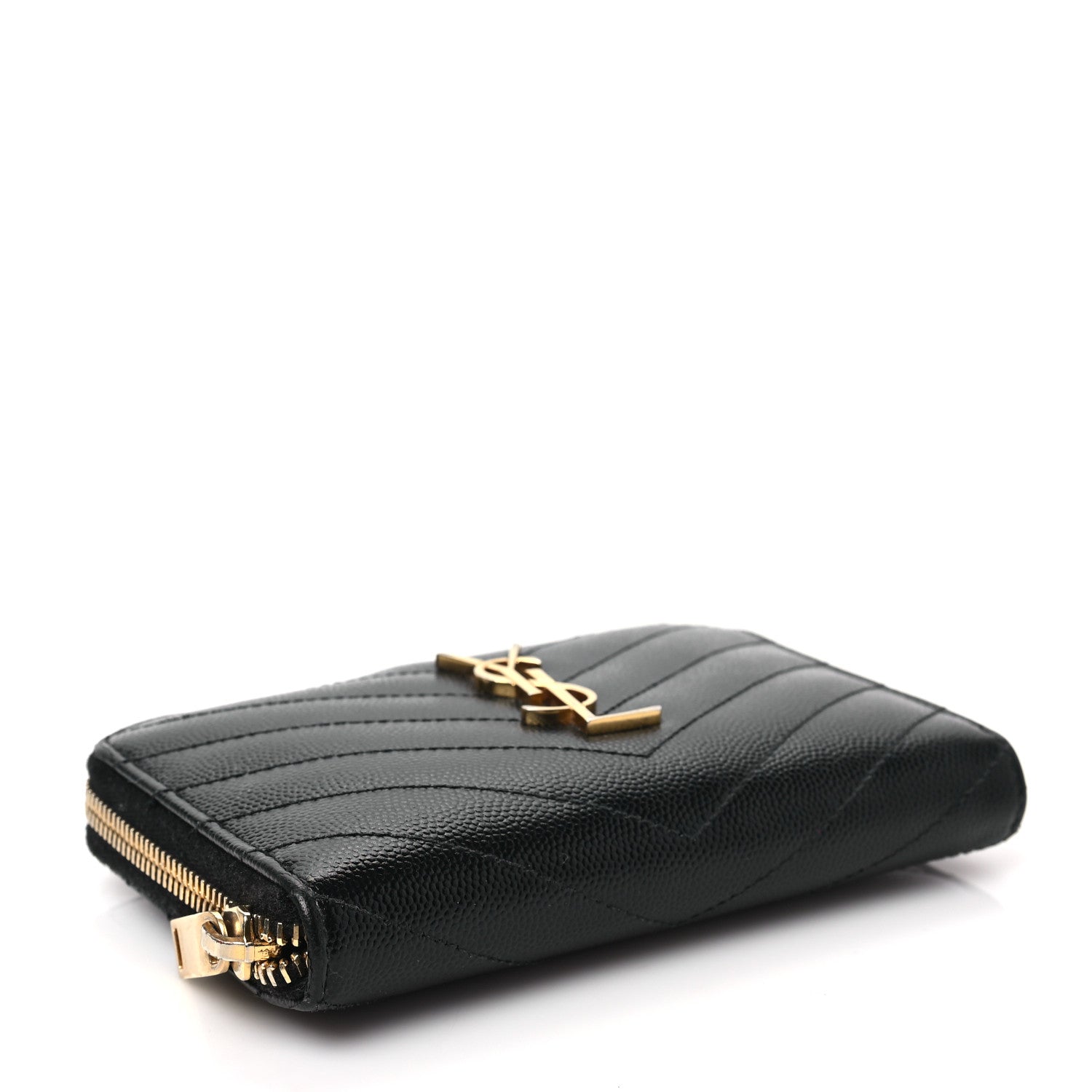 Saint Laurent Grain De Poudre Matelasse Chevron Monogram Small Zip Around Wallet Black 4 of 7