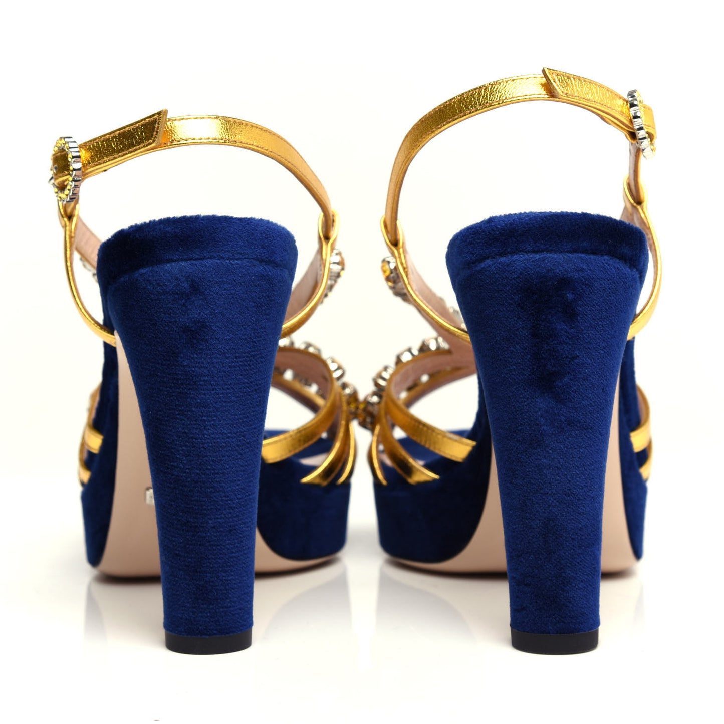 Velvet Nappa Crystal Zephyra Slingback Platform High Heel Sandals 37.5 Blue Gold