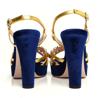 Gucci Velvet Nappa Crystal Zephyra Slingback Platform High Heel Sandals 37.5 Blue Gold 7 of 10