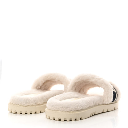 Christian Dior Shearling Canvas Embroidered Dway 10mm Slide Sandals 39 Natural Deep Blue 4 of 10
