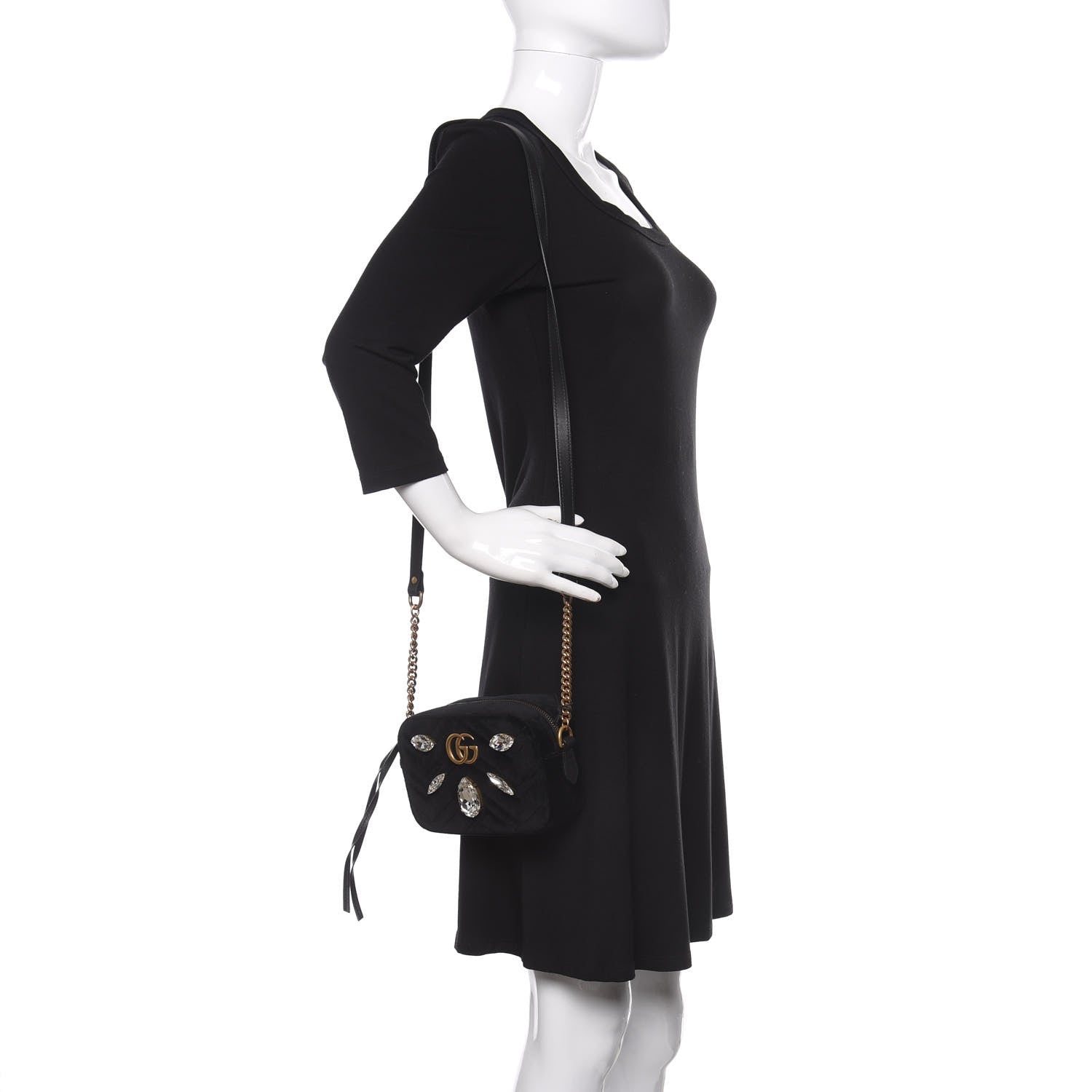 Gucci Velvet Matelasse Marquise Crystals Mini GG Marmont Chain Shoulder Bag Black 2 of 10