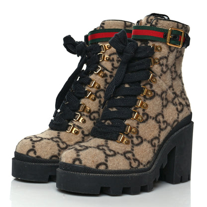 Gucci Covered Wool GG Monogram Womens Lace Up Combat Ankle Boots 37.5 Beige Ebony Black 3 of 10