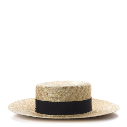 Gucci Glittered Straw Grosgrain Wide Brim Hat L Gold Black 1 of 10