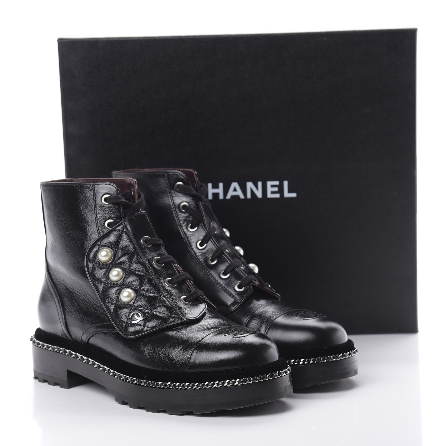 Chanel Crackled Calfskin Velvet Pearl Combat Short Boots 37.5 Black 7 of 8