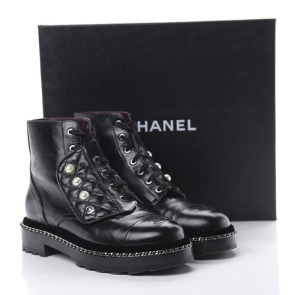 Chanel Crackled Calfskin Velvet Pearl Combat Short Boots 37.5 Black 7 of 8