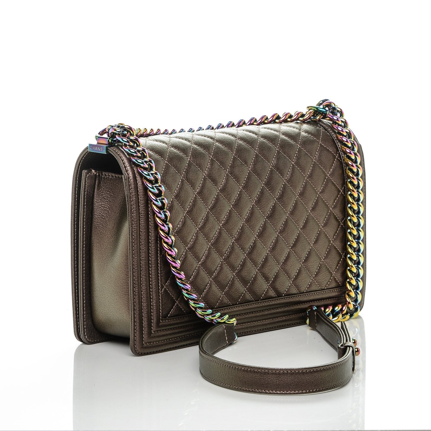 Iridescent Goatskin Quilted New Medium Boy Flap Dark Gold