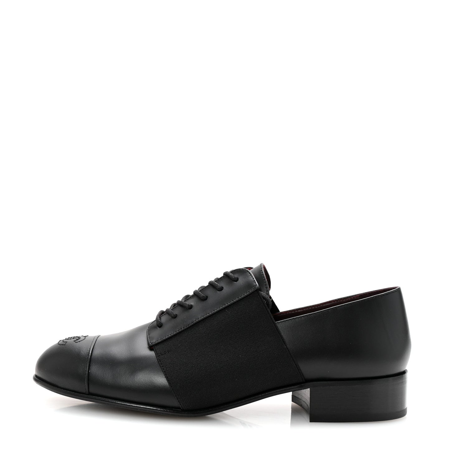Calfskin Elastic Lace Up Cap Toe CC Loafers 37.5 Black