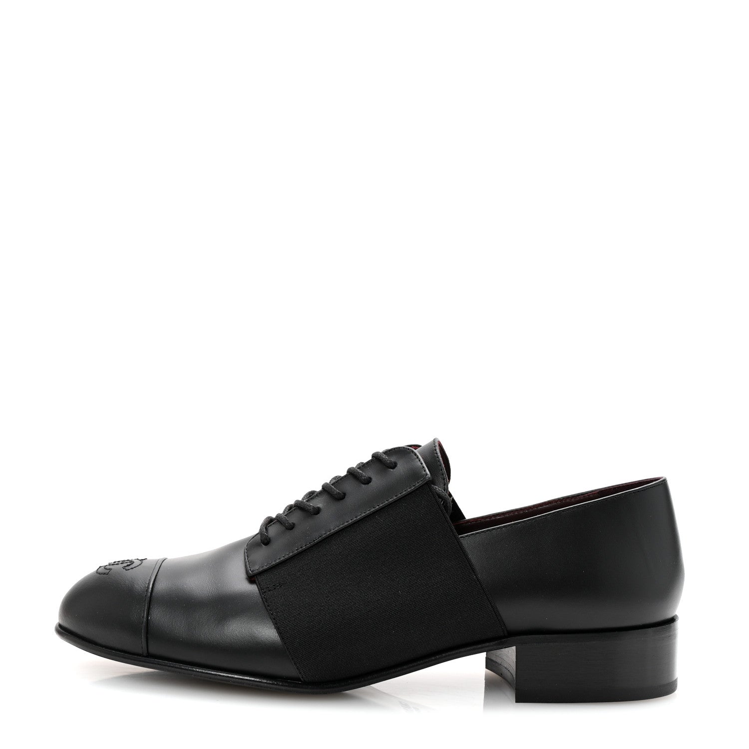 Chanel Calfskin Elastic Lace Up Cap Toe CC Loafers 37.5 Black 1 of 9