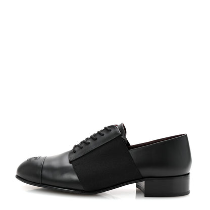 Chanel Calfskin Elastic Lace Up Cap Toe CC Loafers 37.5 Black 1 of 9