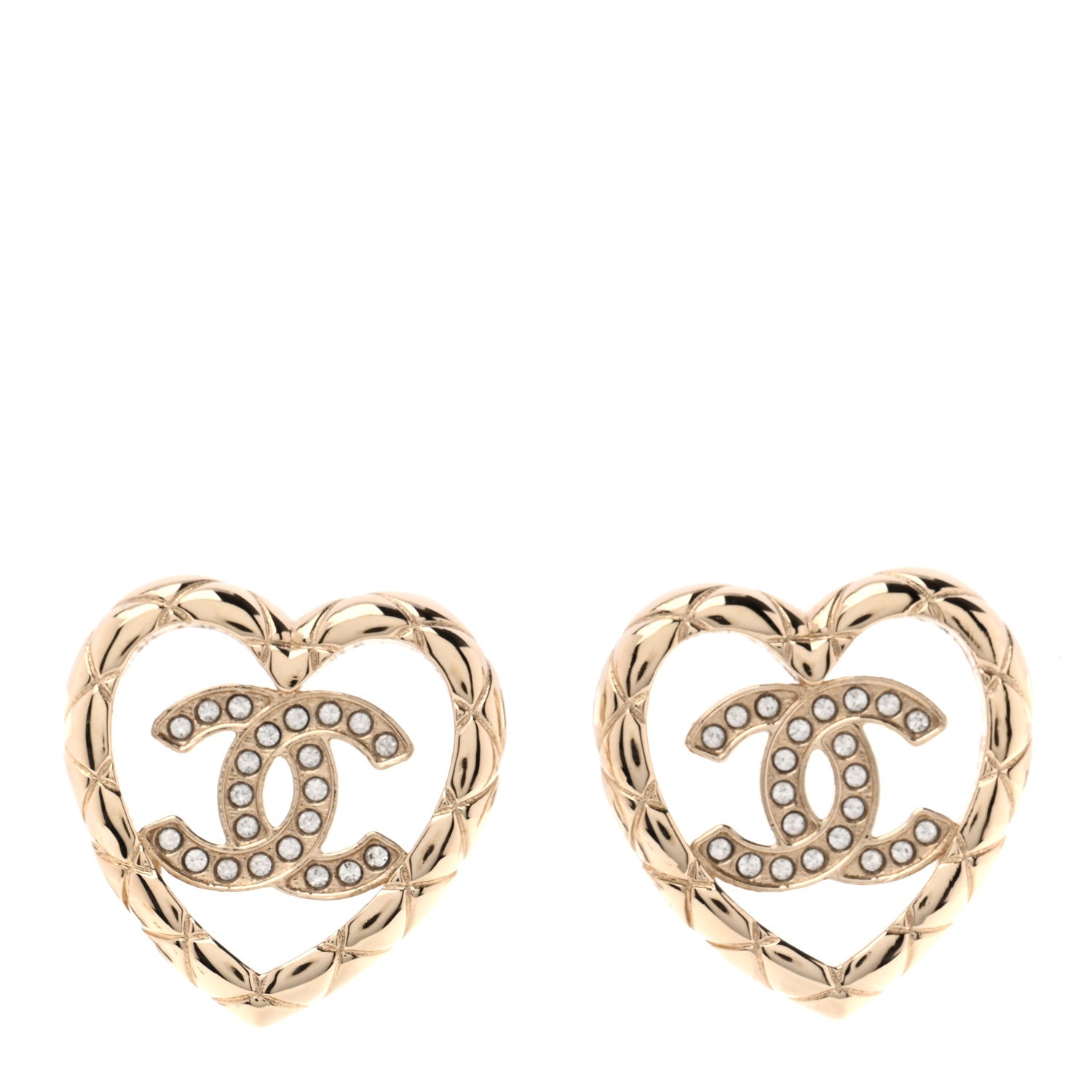 Chanel Metal Crystal CC Logo Heart Earrings Gold 1 of 5