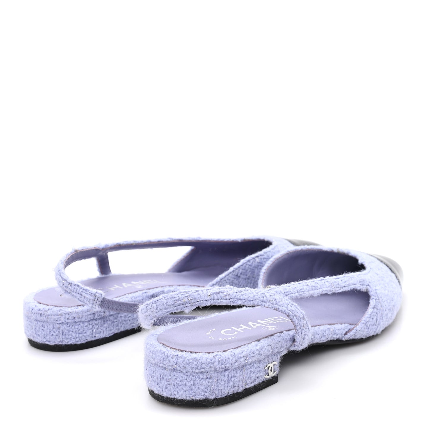 Iridescent Wool Tweed Patent Cap Toe CC Slingback Flats 36.5 Light Purple Silver Black