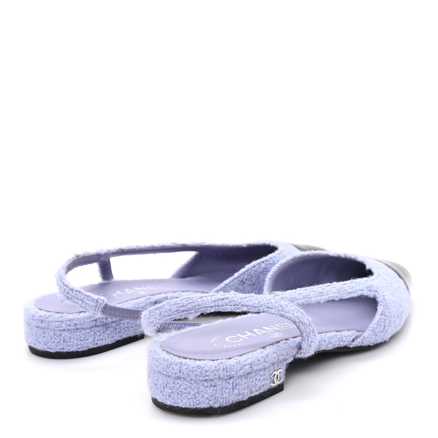 Chanel Iridescent Wool Tweed Patent Cap Toe CC Slingback Flats 36.5 Light Purple Silver Black 5 of 10