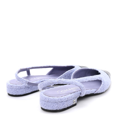 Chanel Iridescent Wool Tweed Patent Cap Toe CC Slingback Flats 36.5 Light Purple Silver Black 5 of 10