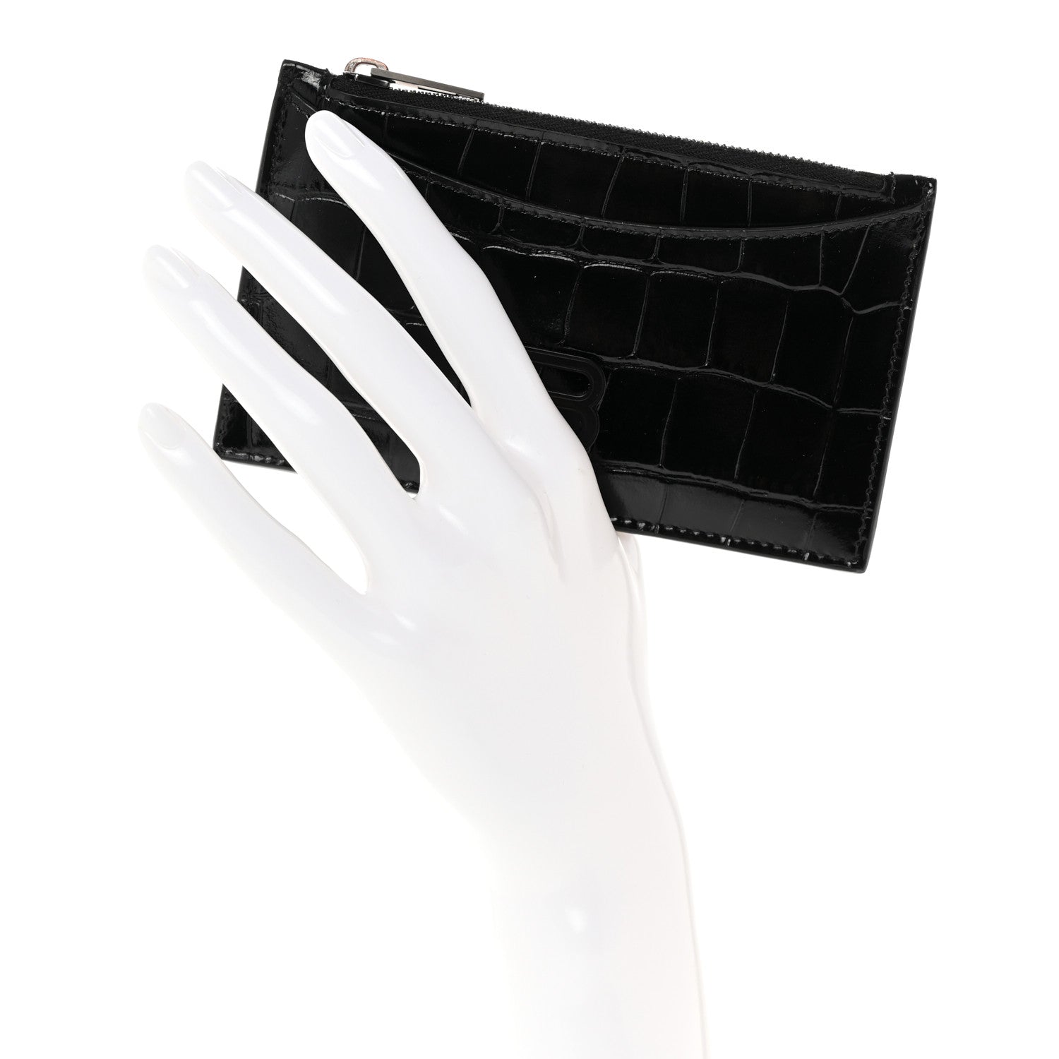 Balenciaga Shiny Calfskin Monochrome Crocodile Embossed Hourglass Long Coin Case Card Holder Black 2 of 7