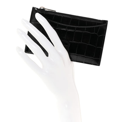 Balenciaga Shiny Calfskin Monochrome Crocodile Embossed Hourglass Long Coin Case Card Holder Black 2 of 7