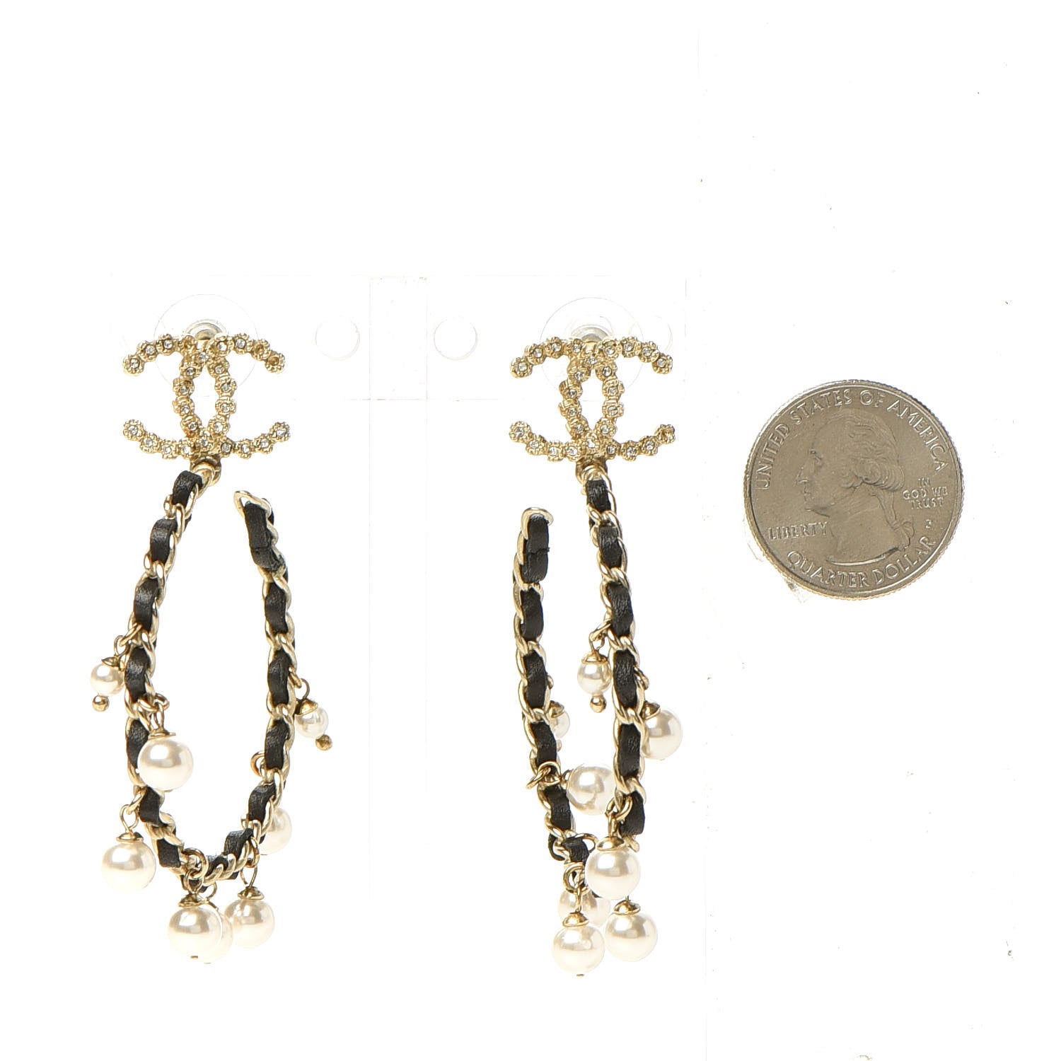 Chanel Lambskin Pearl Crystal CC Chain Hoop Earrings Gold Black 2 of 8