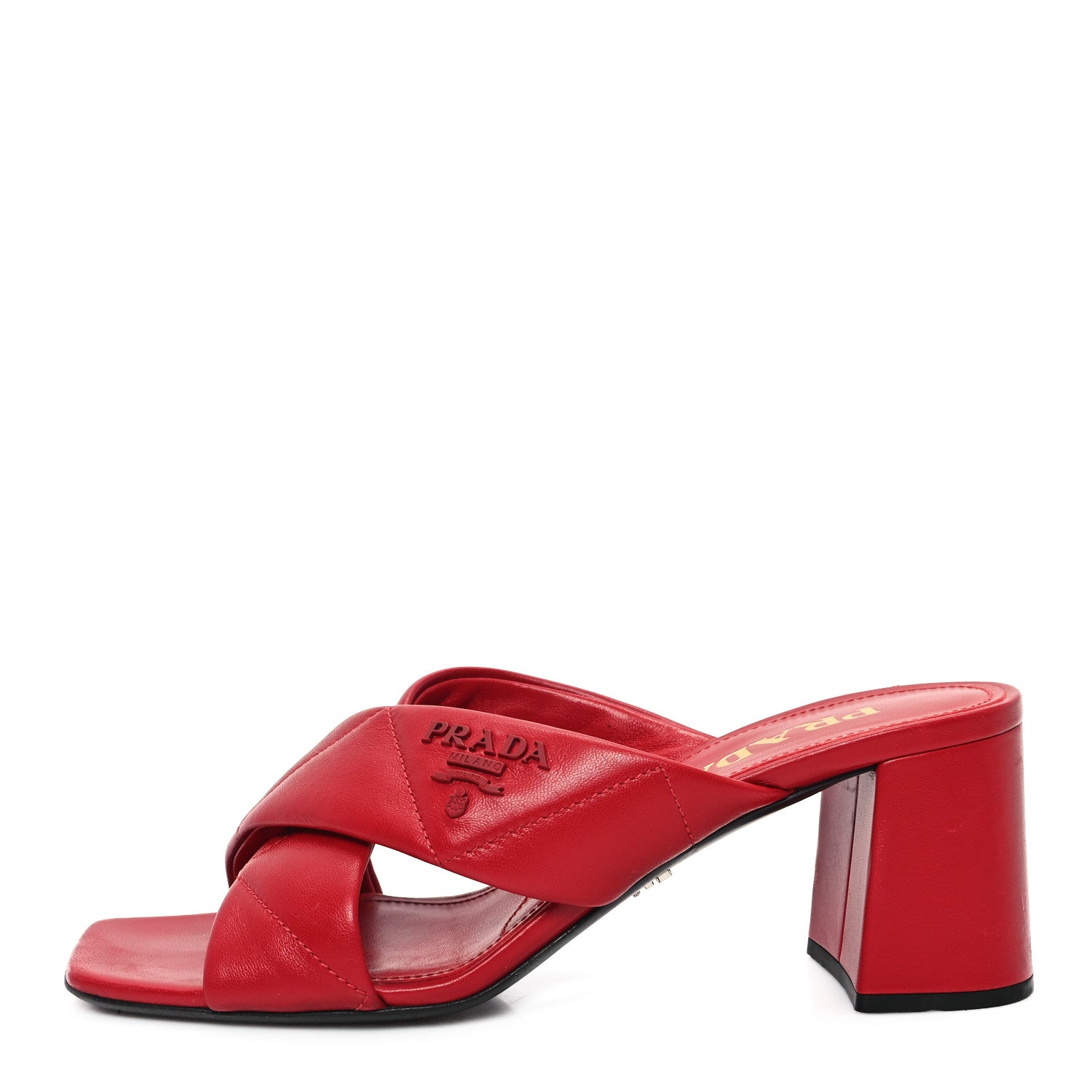 Prada Nappa Logo Quilted Crisscross 65mm Block Heel Slide Sandals 38 Red 1 of 10