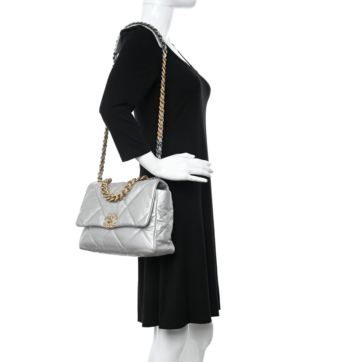 Metallic Goatskin Quilted Large Chanel 19 Flap Silver
