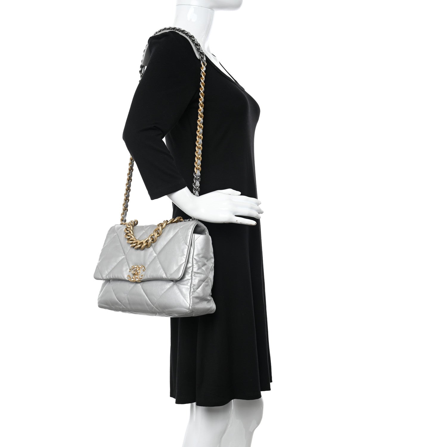 Chanel Metallic Goatskin Quilted Large Chanel 19 Flap Silver 2 of 15