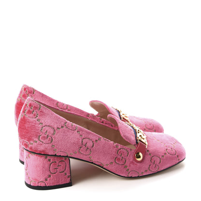Gucci Velvet GG Monogram Sylvie Web Chain Mid Heel Loafers 40 Bright Pink 4 of 10