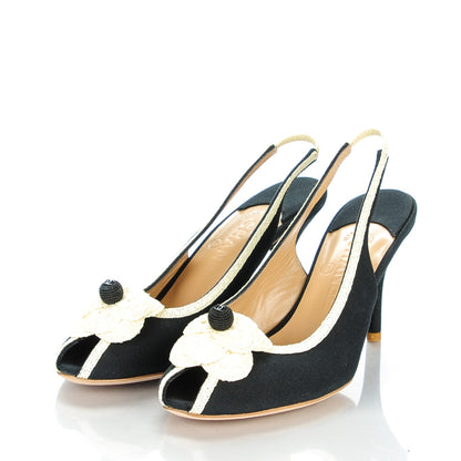 Chanel Canvas Crochet Camellia Peep Toe Pumps 38.5 Black 3 of 7