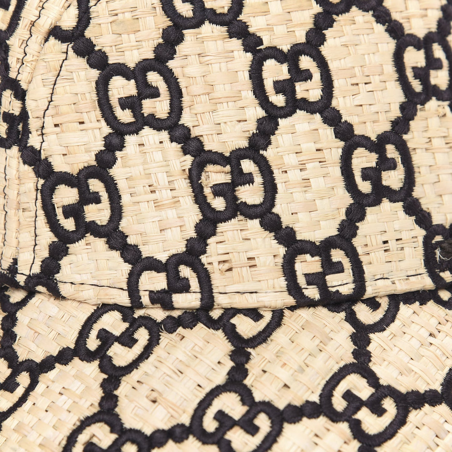 Raffia Elaphe GG Monogram Embroidered Wide Brim Hat Ivory Black