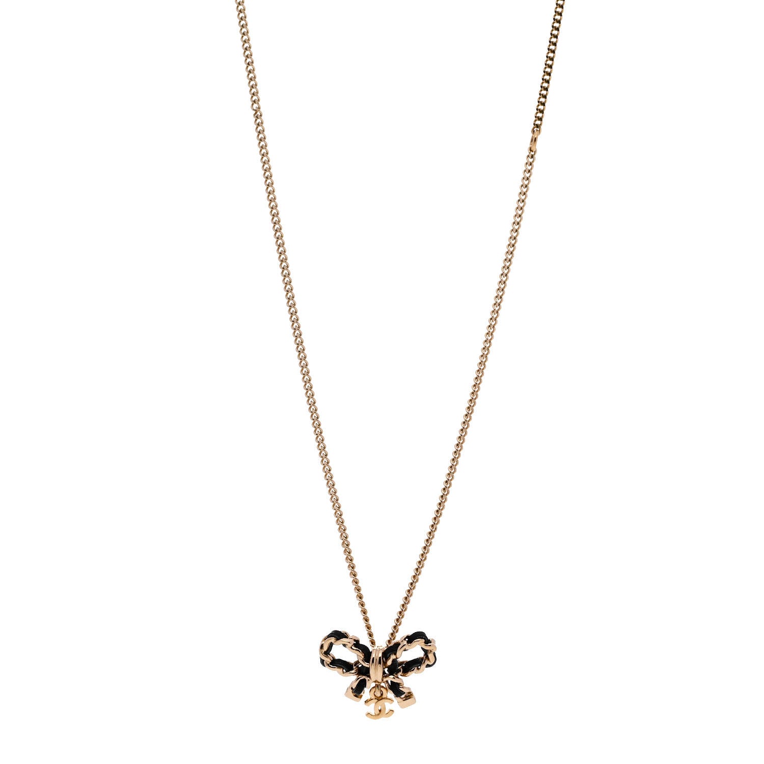 Chanel Metal Lambskin Chain CC Bow Necklace Black Gold 1 of 5