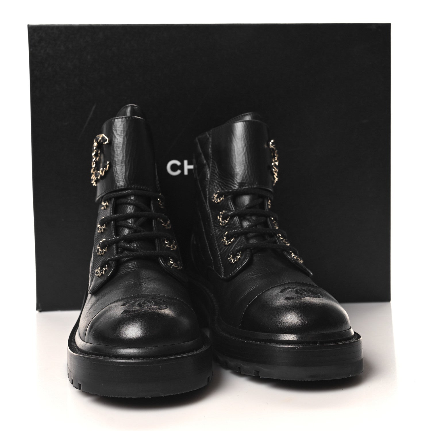 Chanel Shiny Goatskin Calfskin Quilted Lace Up Combat Boots 38 Black 9 of 9
