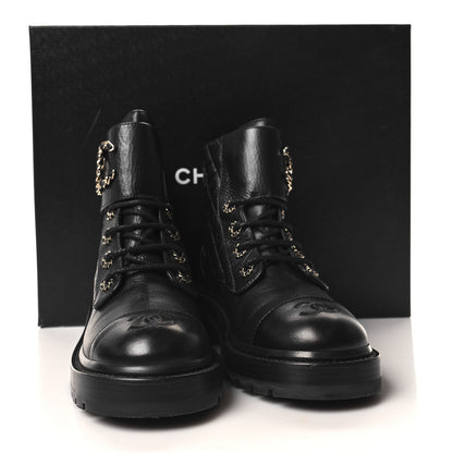 Chanel Shiny Goatskin Calfskin Quilted Lace Up Combat Boots 38 Black 9 of 9