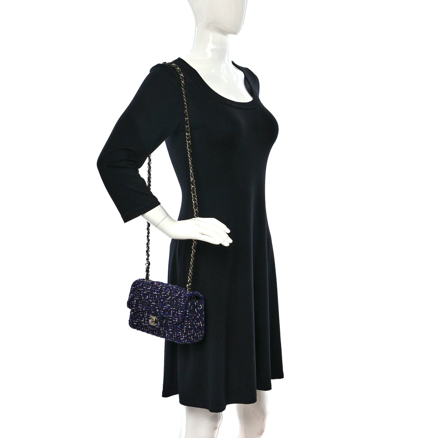 Tweed Quilted Mini Rectangular Flap Navy Purple