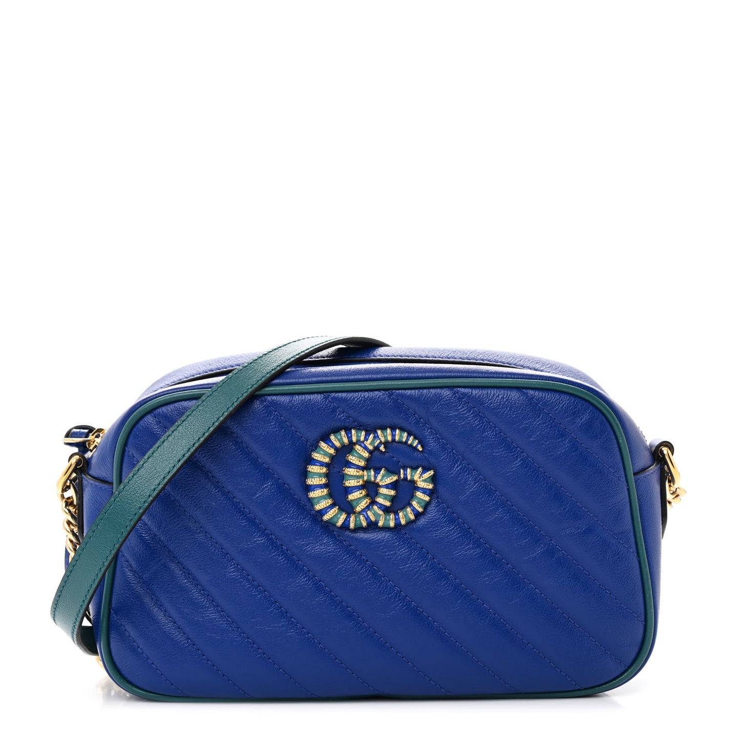 Azalea Calfskin Enamel Matelasse Diagonal Small Torchon GG Marmont Chain Shoulder Bag Imperial Blue Pavone