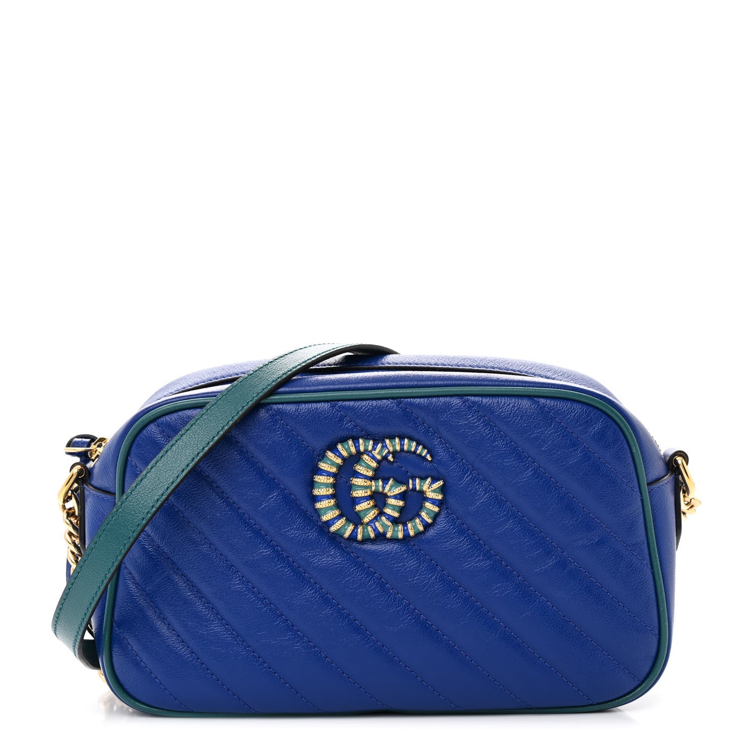 Gucci Azalea Calfskin Enamel Matelasse Diagonal Small Torchon GG Marmont Chain Shoulder Bag Imperial Blue Pavone 1 of 13