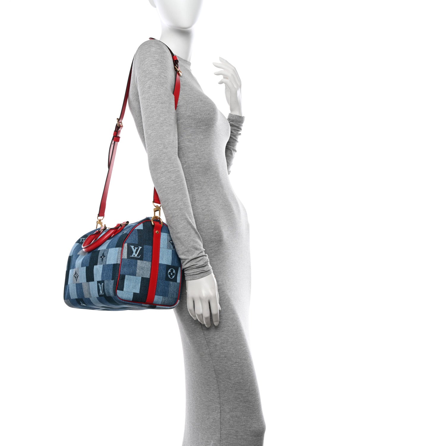 Louis Vuitton Denim Damier Monogram Patchwork Speedy Bandouliere 30 Blue Rouge 2 of 12