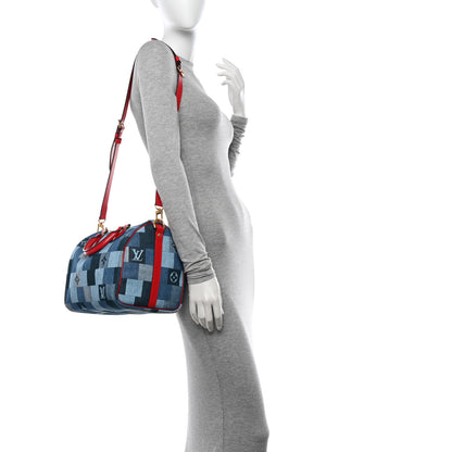 Louis Vuitton Denim Damier Monogram Patchwork Speedy Bandouliere 30 Blue Rouge 2 of 12