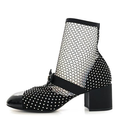 Chanel Resille Strass Kid Suede Patent Mary Jane Short Boots 38 Black 1 of 7