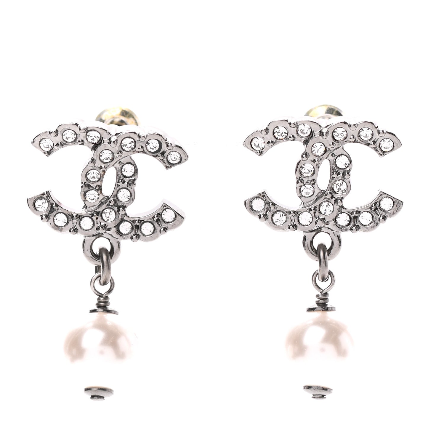 Crystal Pearl CC Drop Earrings Silver