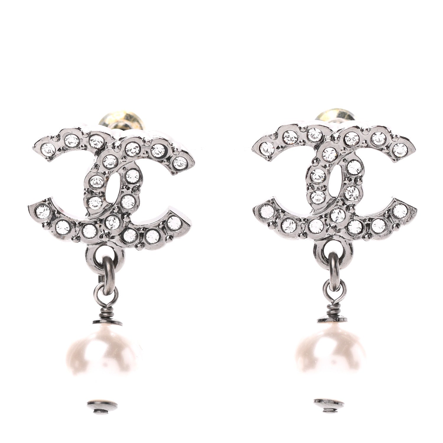 Chanel Crystal Pearl CC Drop Earrings Silver 1 of 4