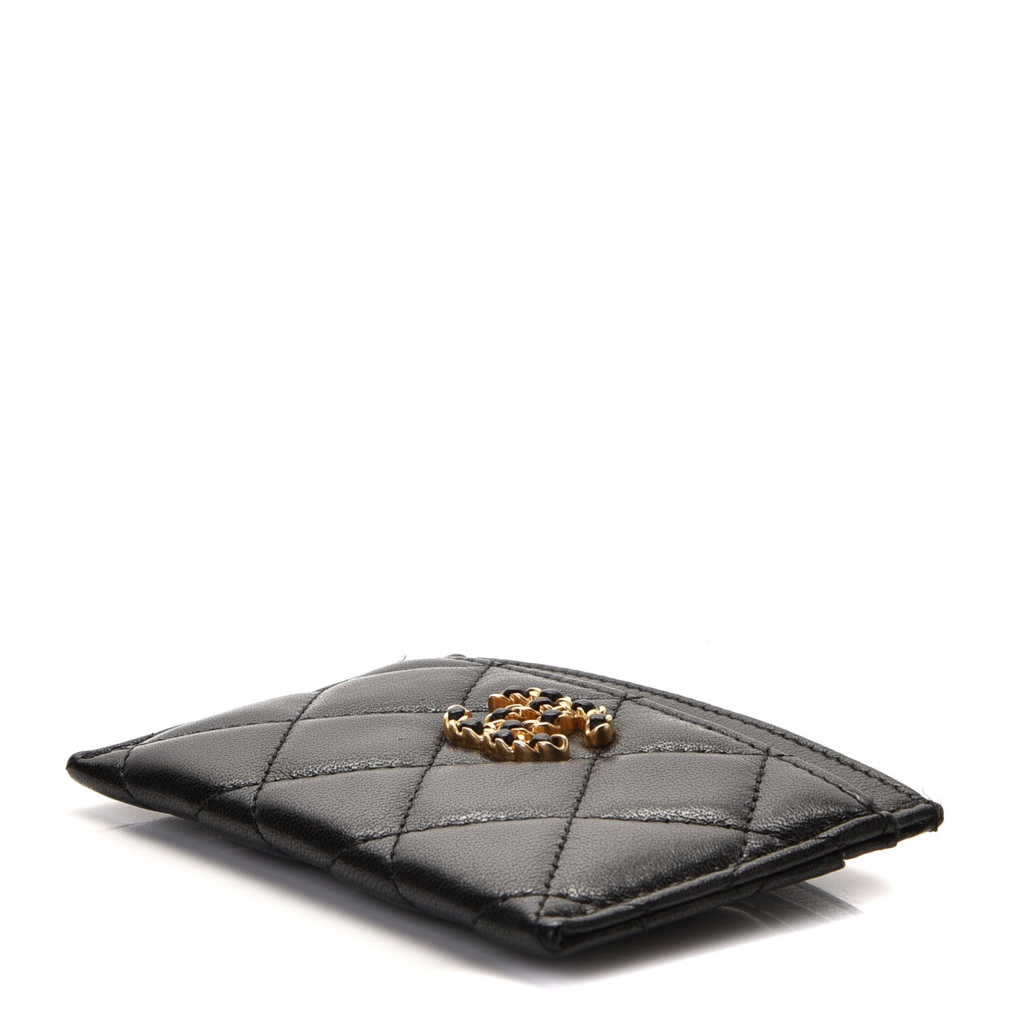 Shiny Goatskin Quilted Chanel 19 Card Holder Black